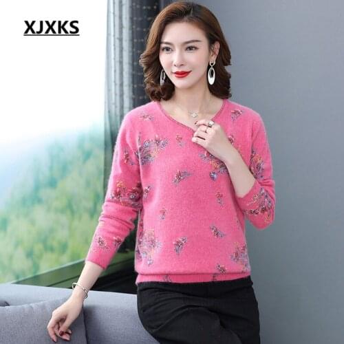 XJXKS Fashion V-neck delicate diamond women sweater 2020 spring winter new plus size Mink Cashmere knit sweater women pullover