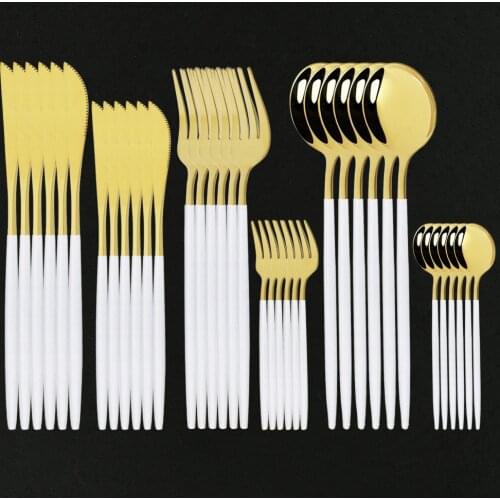 36Pcs White Gold Cutlery Set Stainless Steel Luxury Flatware Home Fork Spoon Dessert Knife Kitchen Dinnerware Set DropShipping