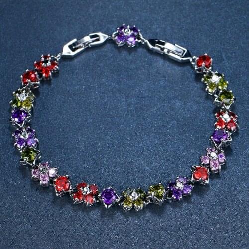 ORZTOON Vintage Charm Colorful Flower Round Zircon Bracelets for Women Silver Color Brass Bracelet Trendy Wedding Jewelry 2021