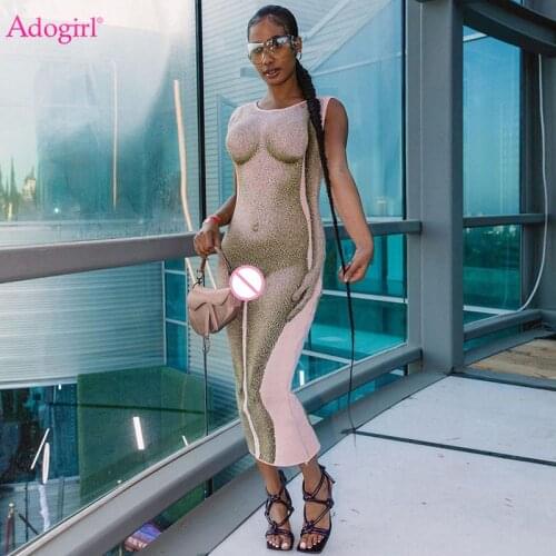 Adogirl 3D Body Print Maxi Dress for Women Sexy Sleeveless Bodycon Midi Night Club Vestidos Slim Skinny Party Outfits Streetwear
