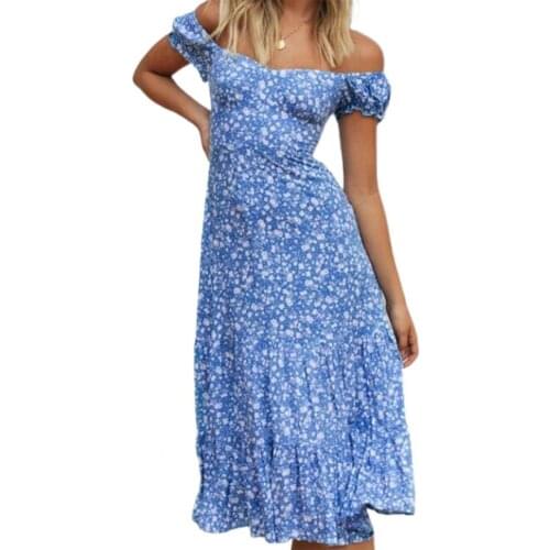 Dresses for women 2021 Off Shoulder Print Puff Short Sleeves Lacing Slim Midi Dress Sundress for Beach Summer Womens Clothing