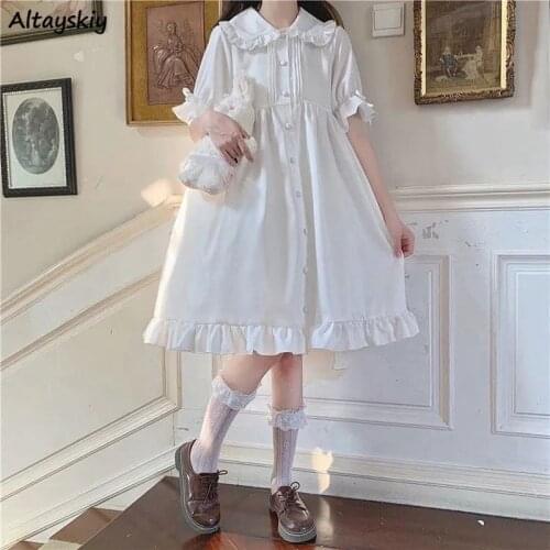 Dresses Women Peter Pan Collar Korean Style Kawaii Summer Vestidos Girls Mujer De Moda Sweet Simple Female Loose Cozy Pure Color