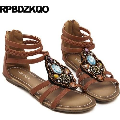 Flat Strappy Brown Embellished Ethnic Crystal Shoes Sandals Leisure Fashion Bohemia Style Diamond Beach Jewel 2018 Rhinestone
