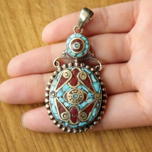 PN005 Nepal Handmade Vintage Big Pendants Ethnic Fashion Jewelry Copper Inlaid Colorful Stone Woman Pendant Necklace