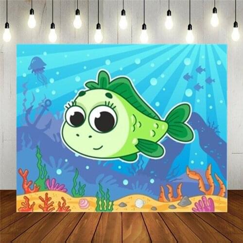 Photo Studio Props Vinyl Photography Backdrop For Kids Birthday Party Underwater World Cute Cartoon Green Fish In Sea Background