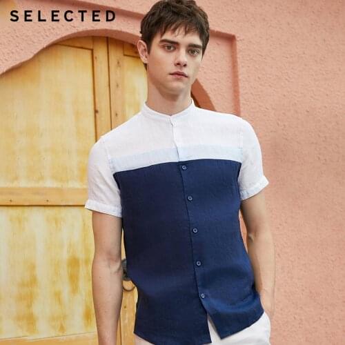 SELECTED Mens Linen Assorted Colors Stitching Business Casual Short-sleeved Shirt S|419204520