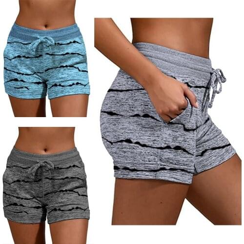 Women Mid Waist Striped Print Shorts Quick Dry Drawstring Pockets Female Summer Hot Shorts With Pocket Yoga Workout Fitness