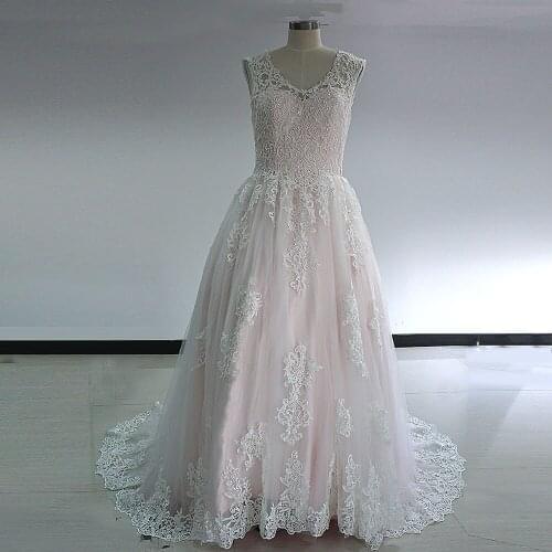 Blush Pink and Ivory Wedding Dress with Lace Appliques Princess Bride Gowns 2017