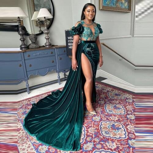 Evening Gowns Short Sleeves Side High Slit With Train Velvet Beaded O Neck Custom Made Plus Size Prom Dress