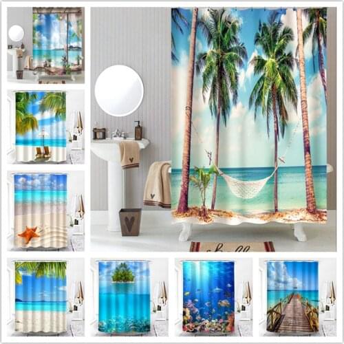 Polyester Waterproof Shower Curtains Beach Hammock Palm Tree Seaside Scenery Bathroom Decoration Bath Curtains douchegordijn 3d