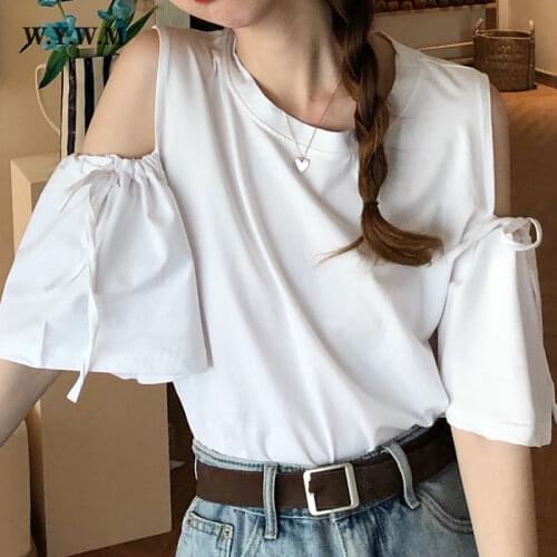 WYWM Summer Women T-shirt Korean Student Fashion Clothes Casual O-Neck Chic Ladies Short Sleeve Off Shoulder Solid Blouse Tops