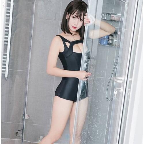 Japanese Solid Sukumizu School swimsuit One Pieces black blue Slimming Exposed chest Swimsuit women Shoulder bathing suit