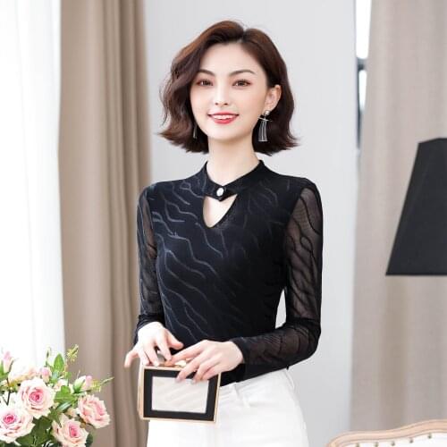 New Fashion Autumn Womens Lace Shirts Elegant V-Neck Long Sleeve Blouses Printing Temperament Womens Tops DD8269