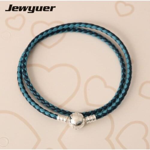 2017 New summer double blue Leather bracelets for women with 925 sterling silver round Clasp Fit Charms Beads DIY jewyuer PL012