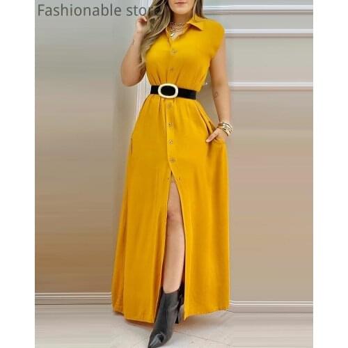 Women Solid Color Turn Down Collar Sleeveless Button Maxi Shirt Dress