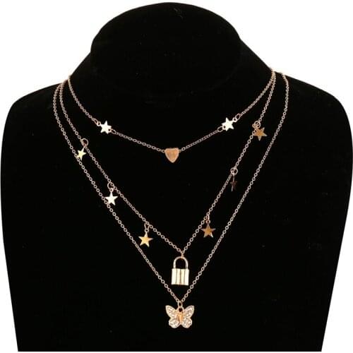 2021 Vintage Golden Diamond Butterfly Pendant Lock HeartNecklace Women Jewelry New