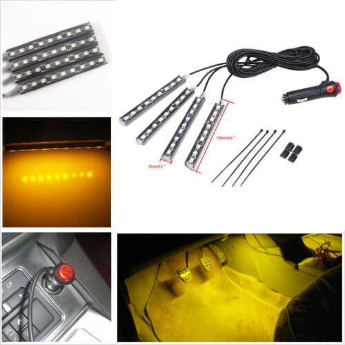 4In1 Car 9 LED Interior Light Strips Decorative Decoration Floor Atmosphere Lamp Yellow Neon Decorative Footwell Lamp Universal