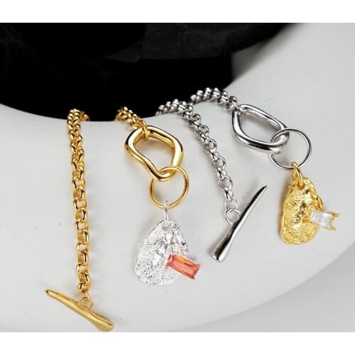 Amaiyllis S925 Sterling Silver Irregular OT Buckle Crystal Stone Texture Bracelet Handmade Chain Bracelet Jewelry