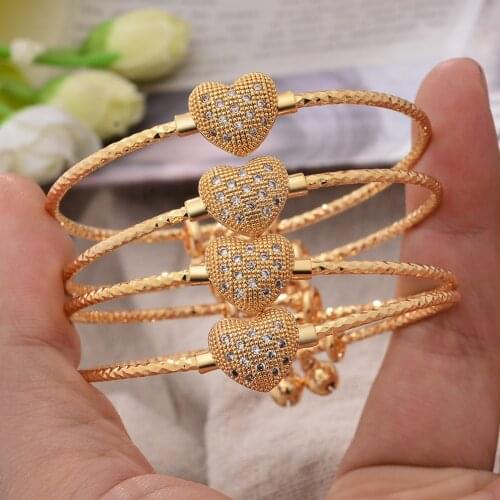 Gold Color Bangles For Girls Women Wedding Bridal Heart Braclets African Gold Inlaid stone Jewelry Bijoux Gifts