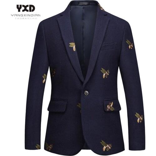 Men Brand High Quality Luxurious Bee Embroidery Cotton Navy Blazer Suit Jacket Wedding Singers Blazers Costume Plus Size 5XL 6XL