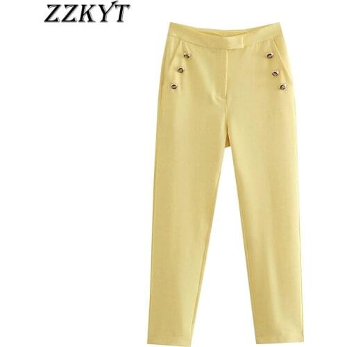 ZZKYT 2021 Women Spring Fashion Solid Pockets Straight Pants Vintage High Waist Button Office Lady Wear Female Trousers Mujer