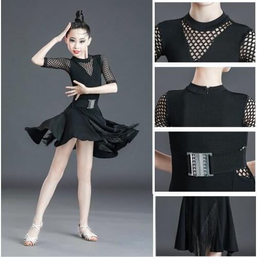 2021 New Children Tassel Hollow Out Latin Dance Dress Girls Professional Competition Performance Dress Stage Wear