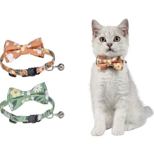 Pet Simple Style Cotton Flower Collar Cat Bowknot Tie Collar Fancy Print Dog Collar Green Floral Kitten Collar with Bell