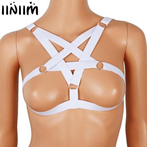 Iiniim Women Sexy Bondage Criss Cross Exotic Lingerie Cupless Open Bra Top Hollow Out See Through Cage Upper Body Chest Harness