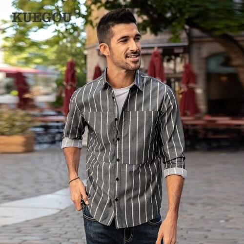 KUEGOU 2020 Autumn Cotton Gray Stripe Casual Shirt Men Oversize Male Fashion Unusual Collar Button Long Sleeve Clothing 20504