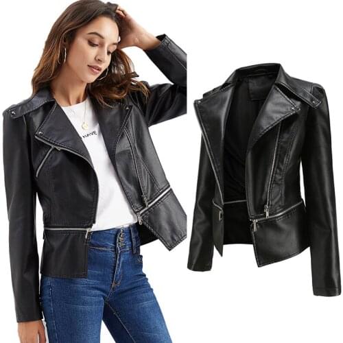 Women Faux Leather Jacket 2021 Fall PU Turn-down Collar Lower Edge Detachable Slim Solid Zippers Casual Women Leather Coat