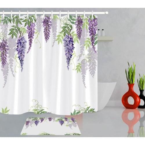 LB Shower Curtain And Mat Art Watercolor Painting Effect Flowers Wisteria Bokeh Decor Bathroom Shower Curtain With 12 Hooks