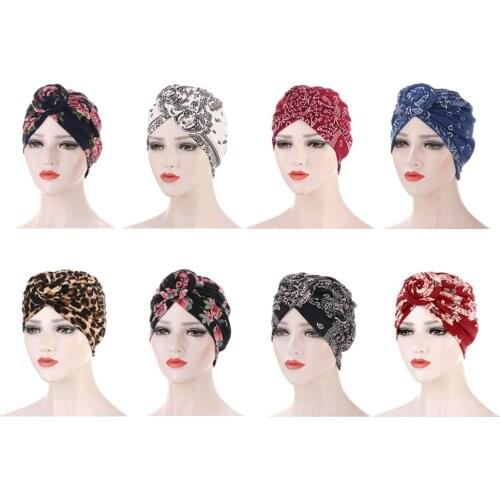 Fashion Women Printed Hair Turban Cap Female Muslim Hijab Hat Bonnet Flower Knot Head Cover Night Cap Headband Hair Accessories