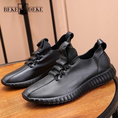 New Mens High Quality Genuine Leather Casual Shoes Lace Up Breathable Low-Top Cowhide Fashion Outdoor Black Active Shoes