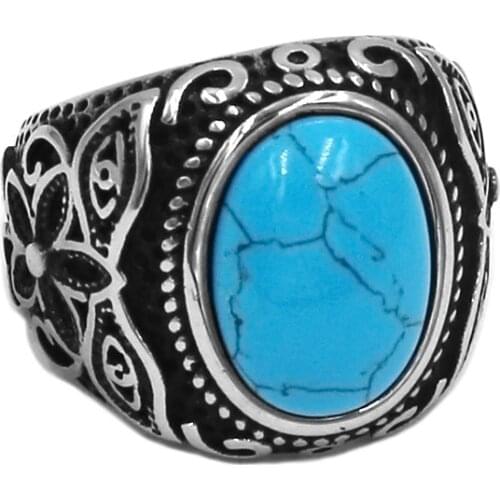Blue Stone Tribe Flower Ring Stainless Steel Jewelry Charm Egyptian Eye of Horus Biker Men Women Ring Wholesale SWR0990