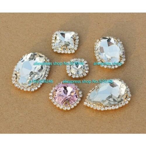 Fancy pink white crystal rhinestone sewing-on garment decorative claw strass in gold tone for coat shoes sweaters hat decoration