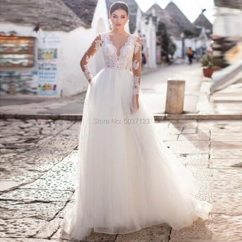 Beach Wedding Dresses A Line Deep V Neck Long Sleeves Tulle Floor Length Wedding Bridal Gowns Illusion Back Vestido De Noiva