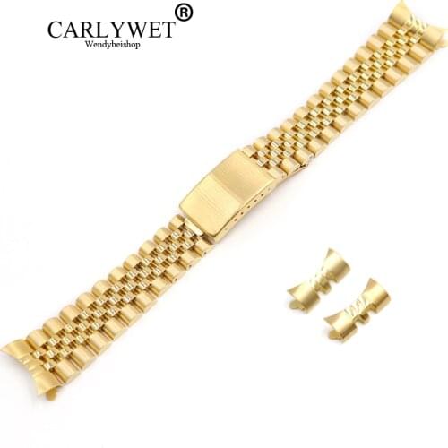 CARLYWET 13 17 19 20 22mm Hollow Curved End Solid Screw Links Gold Steel Replacement Watch Band Strap Bracelet For Jubliee