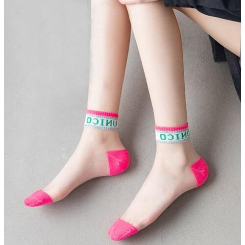 Pink Letter Socks for summer Ultra-thin Transparent Cass Glass fiber Silk Socks Fashion daisy Ankle Short Lace invisible Women