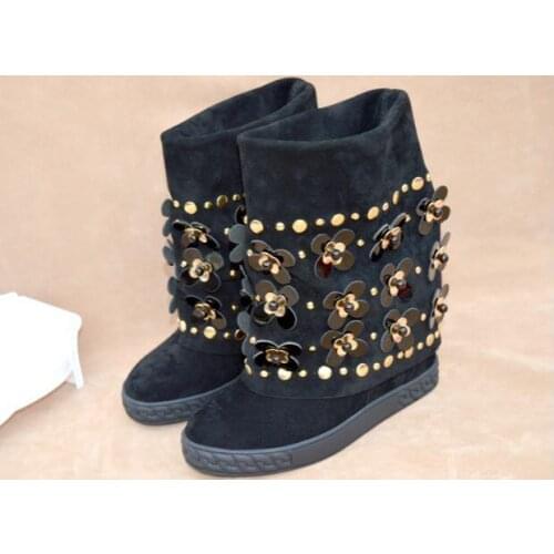 Winter Genuine Leather Boots Shoes Crystal Chain Wedges Suede Boots Women Height Increasing 80 mm Platform Knee High Boots