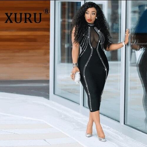 XURU Sexy Womens Hot Drilling Dress Backless Perspective Zipper Dress 2020 New Hot Nightclub Club Party Black Dress