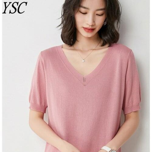 YSC 2021 New pattern Women Pure silk Sweater Big V collar Half sleeve Fine yarn soft The ice is cool High-quality pullover
