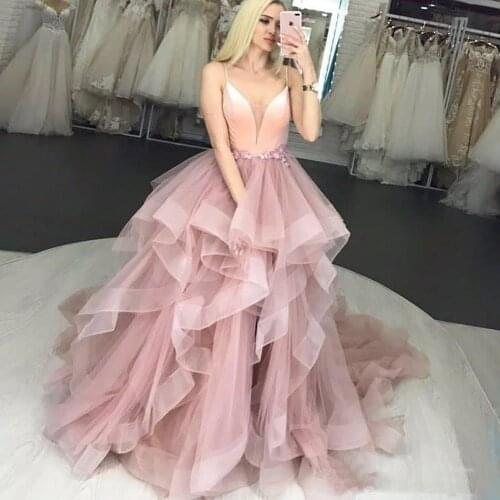 MYYBLE Unique Pink Tulle Puffy A Line Quinceanera Dresses V Neck Appliques Spaghetti Strap Tiered Ruffles Prom Gown Customized