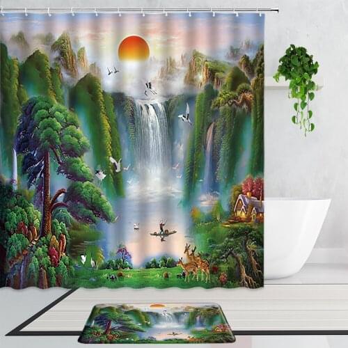 Chinese Style Oil Painting Scenery Shower Curtains Forest Waterfall Flower Bird Landscape Bathroom Curtain Set Non-Slip Bath Mat