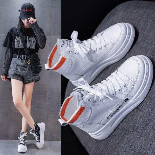 Women Sneakers Leather Platform Shoes Winter Korean White Sneakers Ladies Lace Up High Top Sneakers Vulcanized Shoes Women 2021