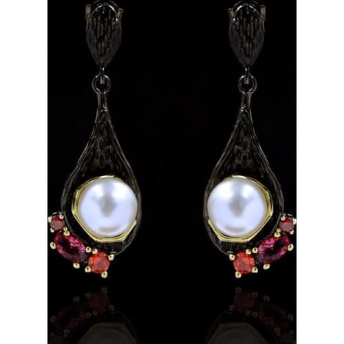 925 silver Luxury Retro Diamond-studded Pearl Earrings Wild Hollow Water Drop Black Gold Jewelry Attending Cocktail Party Ladies