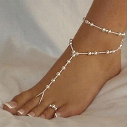 2pcs Vintage Imitation pearls Anklet Women Bohemia Foot Beads Boho Ankle Bracelet cheville Boho Toe Beach Jewelry