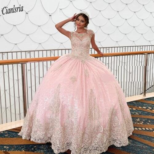 Pink Illusion Cap Sleeve Beading Ball Gown Quinceanera Dresses With Champagne Appliques Lace Sweet 16 Dress Vestido De 15 Anos
