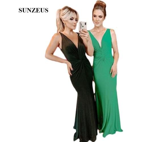 Black and Green Sheath Evening Dresses Spandex Long Evening Gowns for Women Ruched Backless Night Party Dresses vestido longo