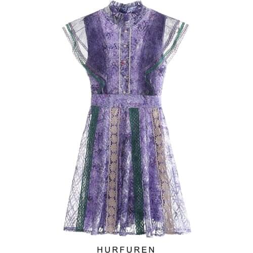 Japanese Style Purple Women Temperament Short Lace Flower Mesh Patchwork Dress Office Lady Polyester Sheath Sleeveless Zippers