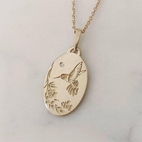 Simple Gold Color Oval Shaped Engraving Bird Leaves Branch Copper Pendant Sweater Necklace for Women Party Jewelry